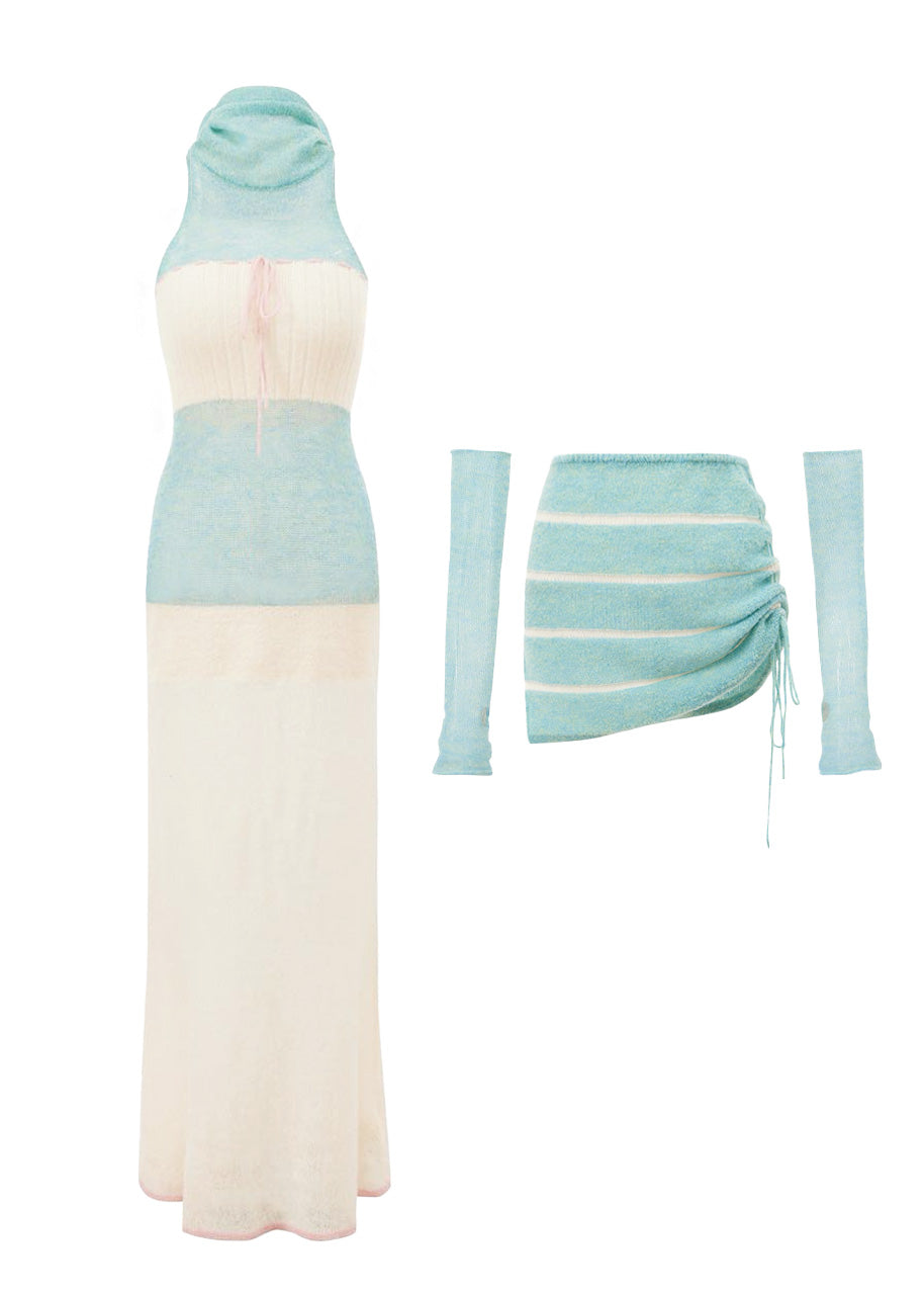 Blue Color-Block 3 Piece Dress Set