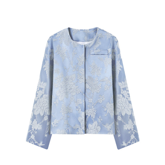 Blue Round Neck Cropped Jacket