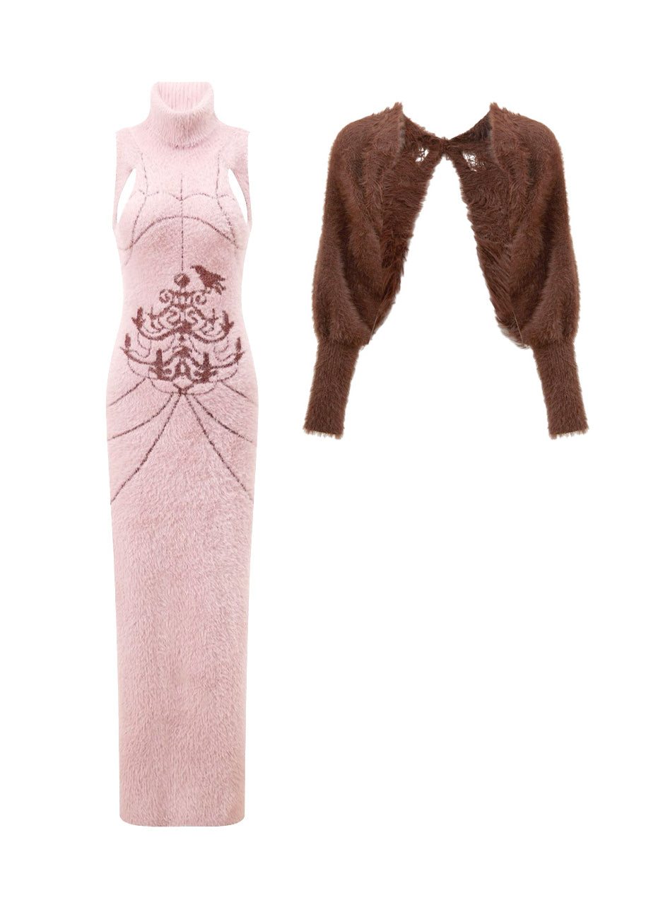 Pink High-Neck Dress with Shawl