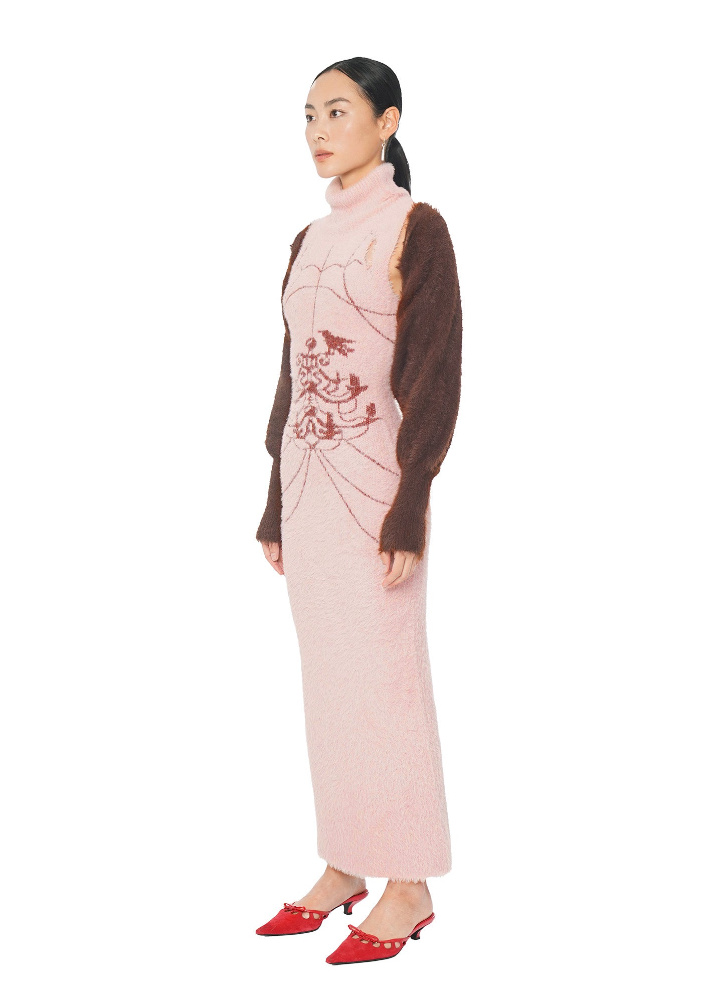 Pink High-Neck Dress with Shawl