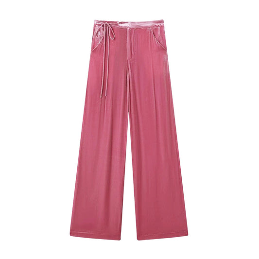 Pink Tie-Waist Velvet Pants